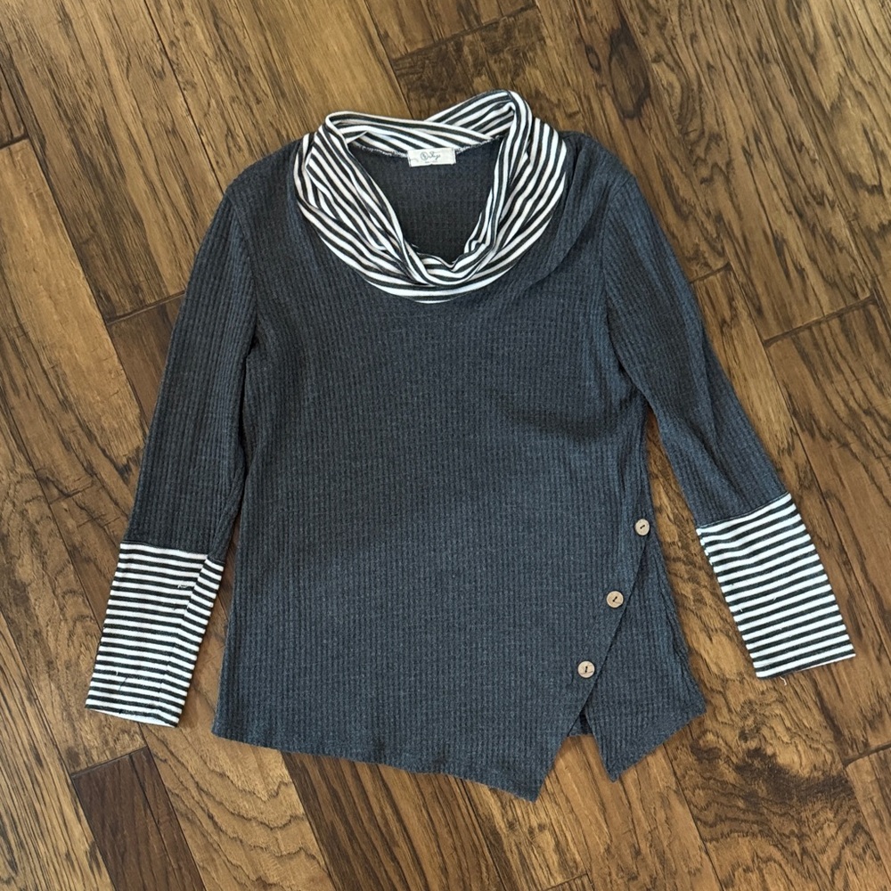 Stylish Gray and White Striped Cowl Neck Top